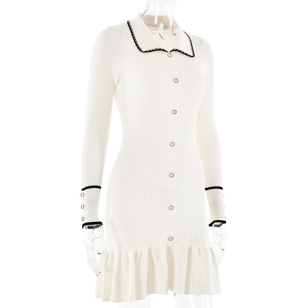 Factory Direct Women’s Ivory Ribbed Knit Ruffle-Hem Dress with Contrast-Trim Collar