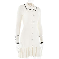 Factory Direct Women’s Ivory Ribbed Knit Ruffle-Hem Dress with Contrast-Trim Collar