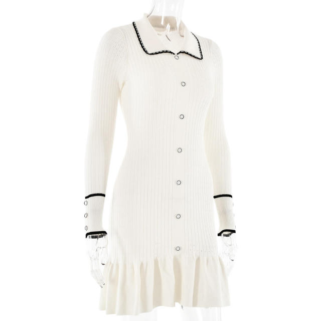 Factory Direct Women’s Ivory Ribbed Knit Ruffle-Hem Dress with Contrast-Trim Collar