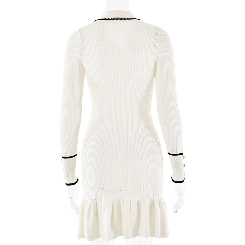 Factory Direct Women’s Ivory Ribbed Knit Ruffle-Hem Dress with Contrast-Trim Collar