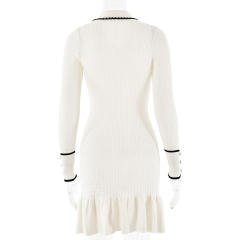 Factory Direct Women’s Ivory Ribbed Knit Ruffle-Hem Dress with Contrast-Trim Collar