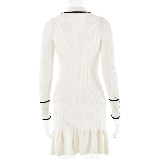 Factory Direct Women’s Ivory Ribbed Knit Ruffle-Hem Dress with Contrast-Trim Collar
