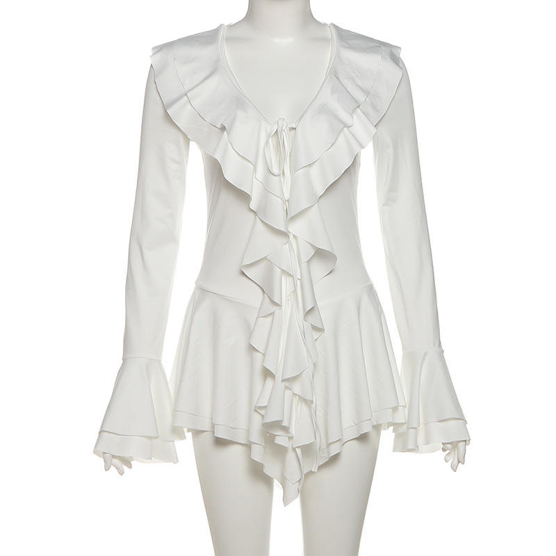 Factory Direct Women’s White Cascading-Ruffle Long-Sleeve Romper with Tie-Front Neckline