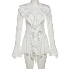 Factory Direct Women’s White Cascading-Ruffle Long-Sleeve Romper with Tie-Front Neckline