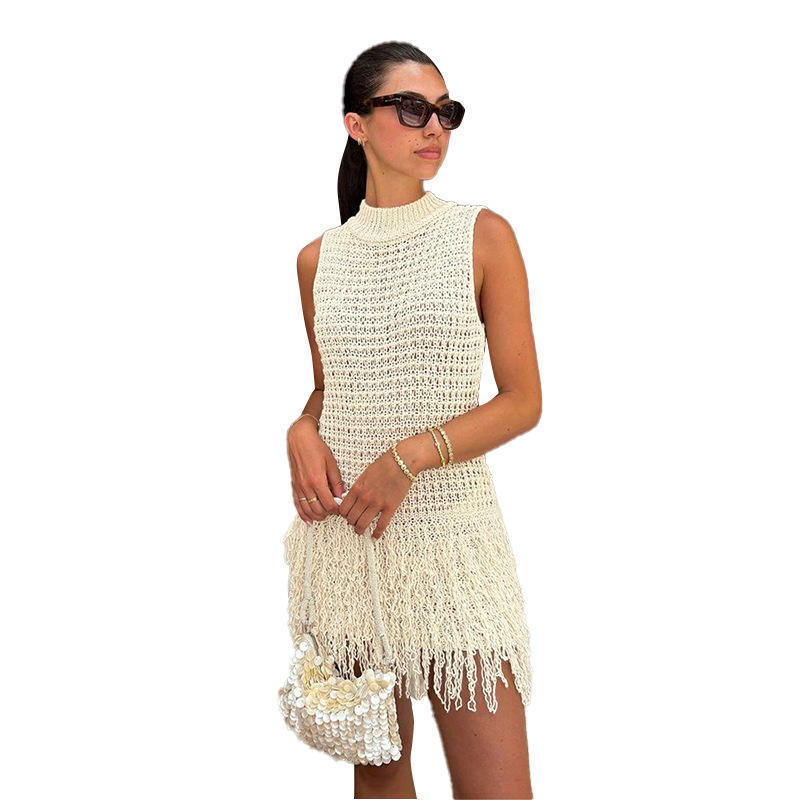 Factory Direct Women’s Ivory Crochet-Knit Fringe Mini Dress with Mock Neck