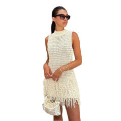 Factory Direct Women’s Ivory Crochet-Knit Fringe Mini Dress with Mock Neck