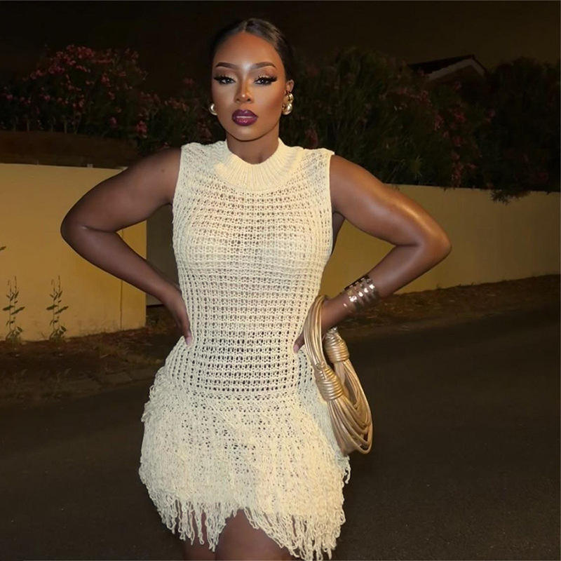 Factory Direct Women’s Ivory Crochet-Knit Fringe Mini Dress with Mock Neck