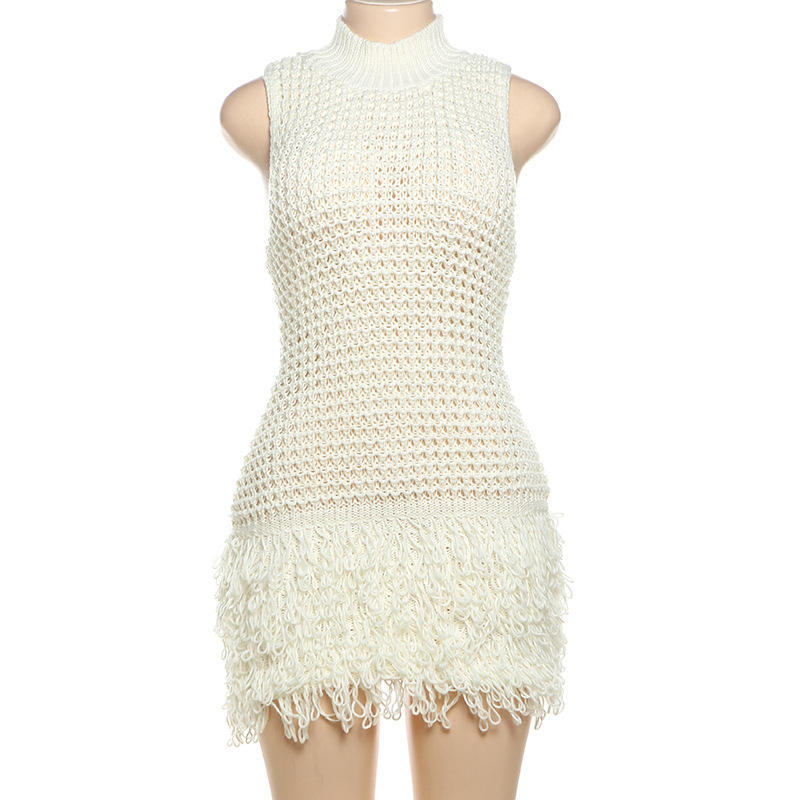 Factory Direct Women’s Ivory Crochet-Knit Fringe Mini Dress with Mock Neck