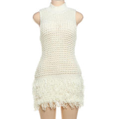 Factory Direct Women’s Ivory Crochet-Knit Fringe Mini Dress with Mock Neck