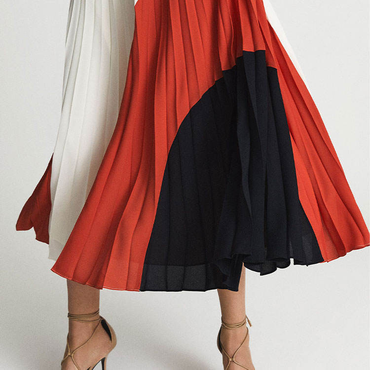 Factory Direct Ivory Rust & Black Color-Block Pleated Maxi Dress