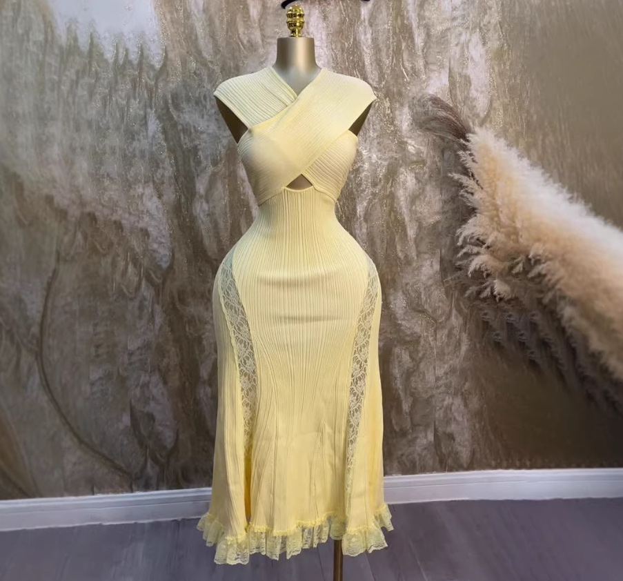 Factory Direct Lemon Yellow Cross-Front Ribbed Knit Lace-Panel Maxi Dress
