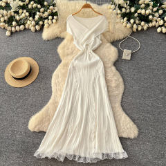 Factory Direct Lemon Yellow Cross-Front Ribbed Knit Lace-Panel Maxi Dress