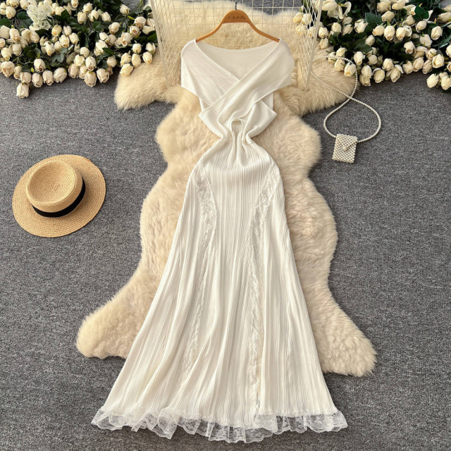 Factory Direct Lemon Yellow Cross-Front Ribbed Knit Lace-Panel Maxi Dress
