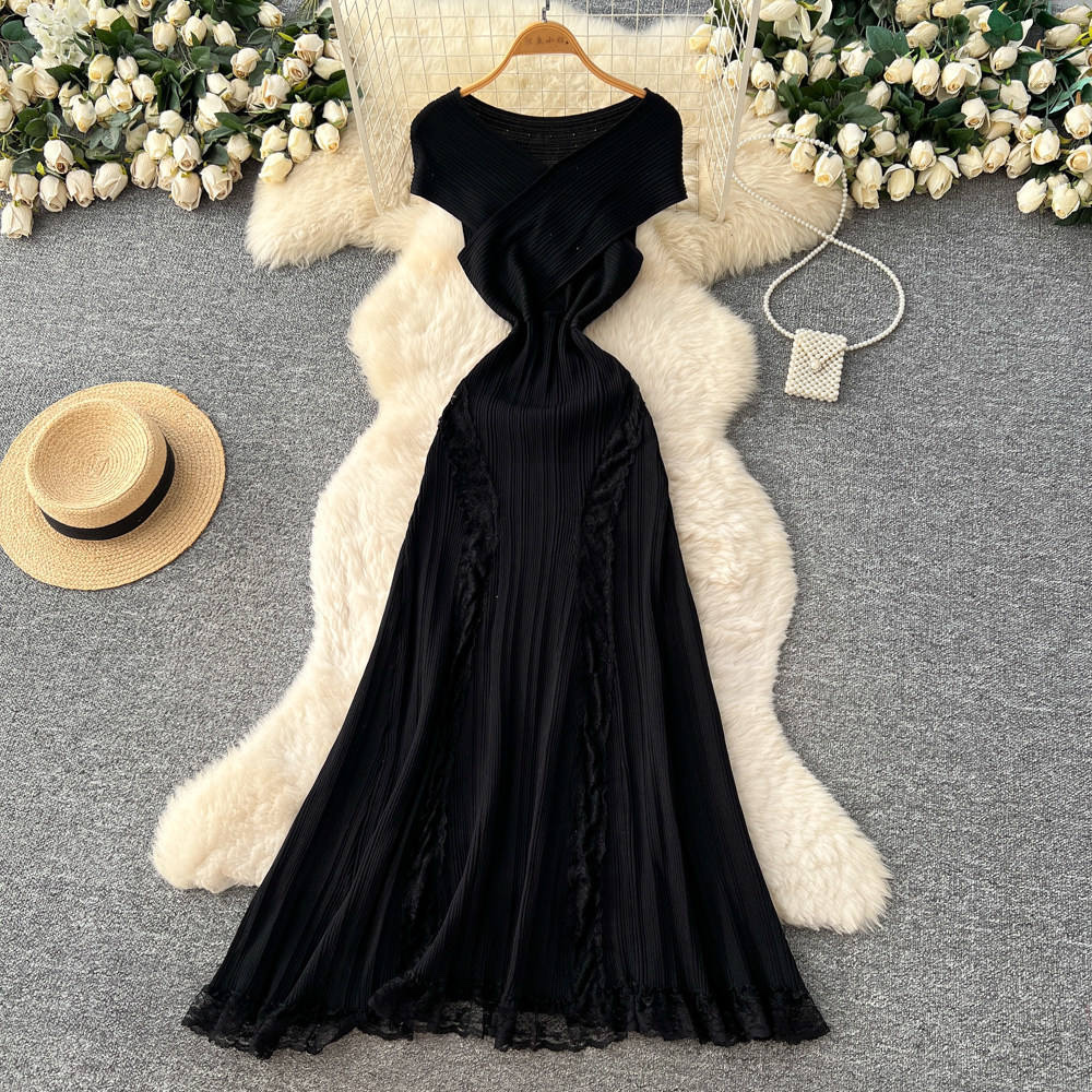 Factory Direct Lemon Yellow Cross-Front Ribbed Knit Lace-Panel Maxi Dress