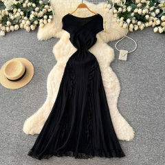 Factory Direct Lemon Yellow Cross-Front Ribbed Knit Lace-Panel Maxi Dress