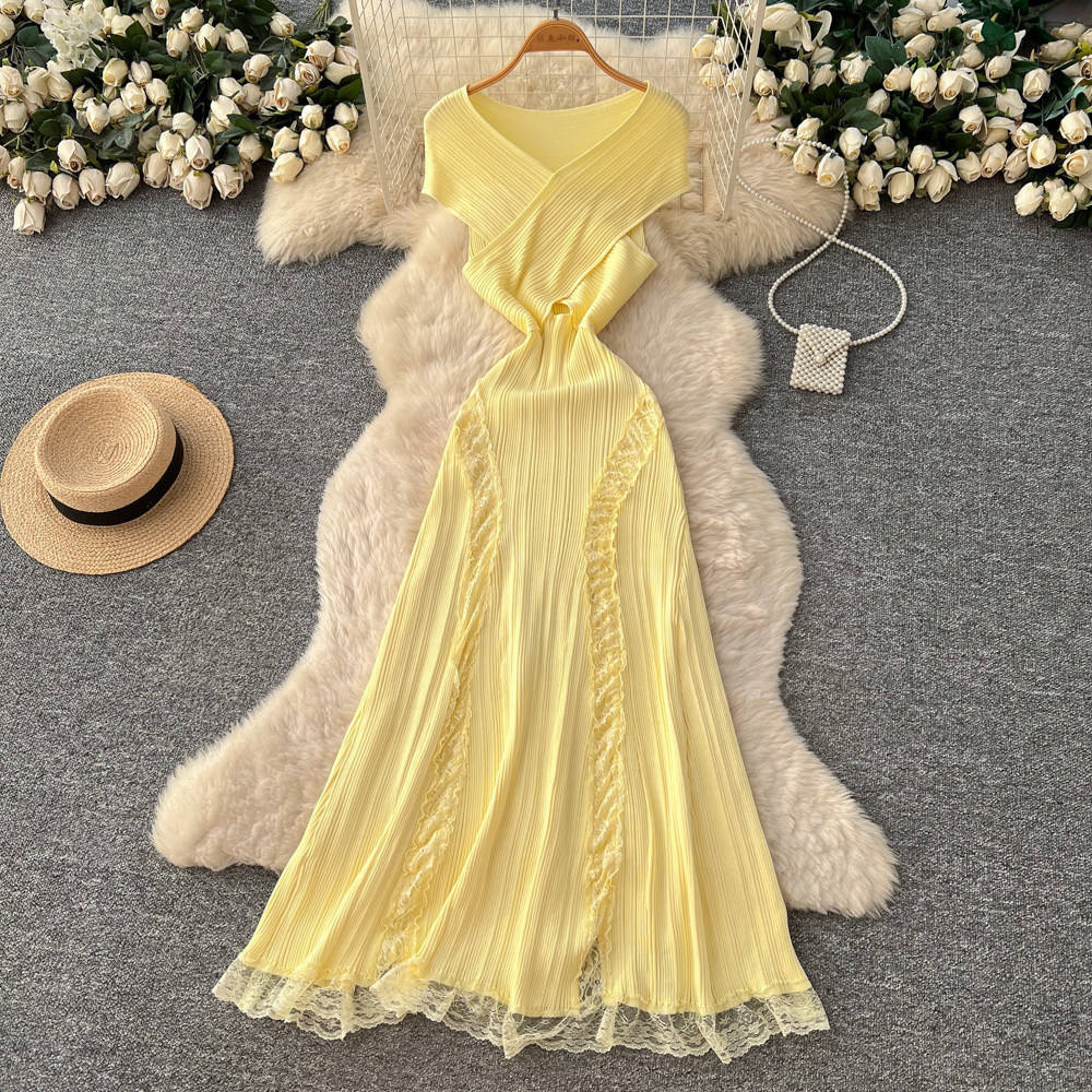 Factory Direct Lemon Yellow Cross-Front Ribbed Knit Lace-Panel Maxi Dress