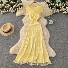 Factory Direct Lemon Yellow Cross-Front Ribbed Knit Lace-Panel Maxi Dress