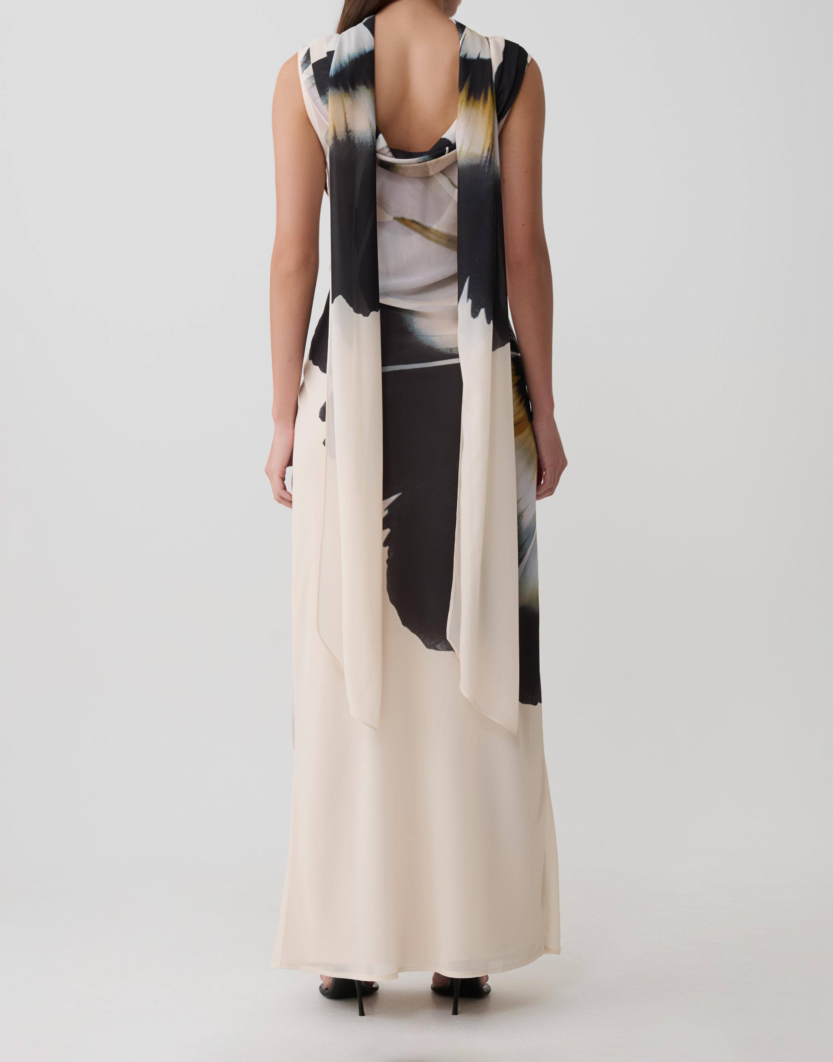 Factory Direct Ivory Abstract Floral Scarf-Neck Maxi Dress
