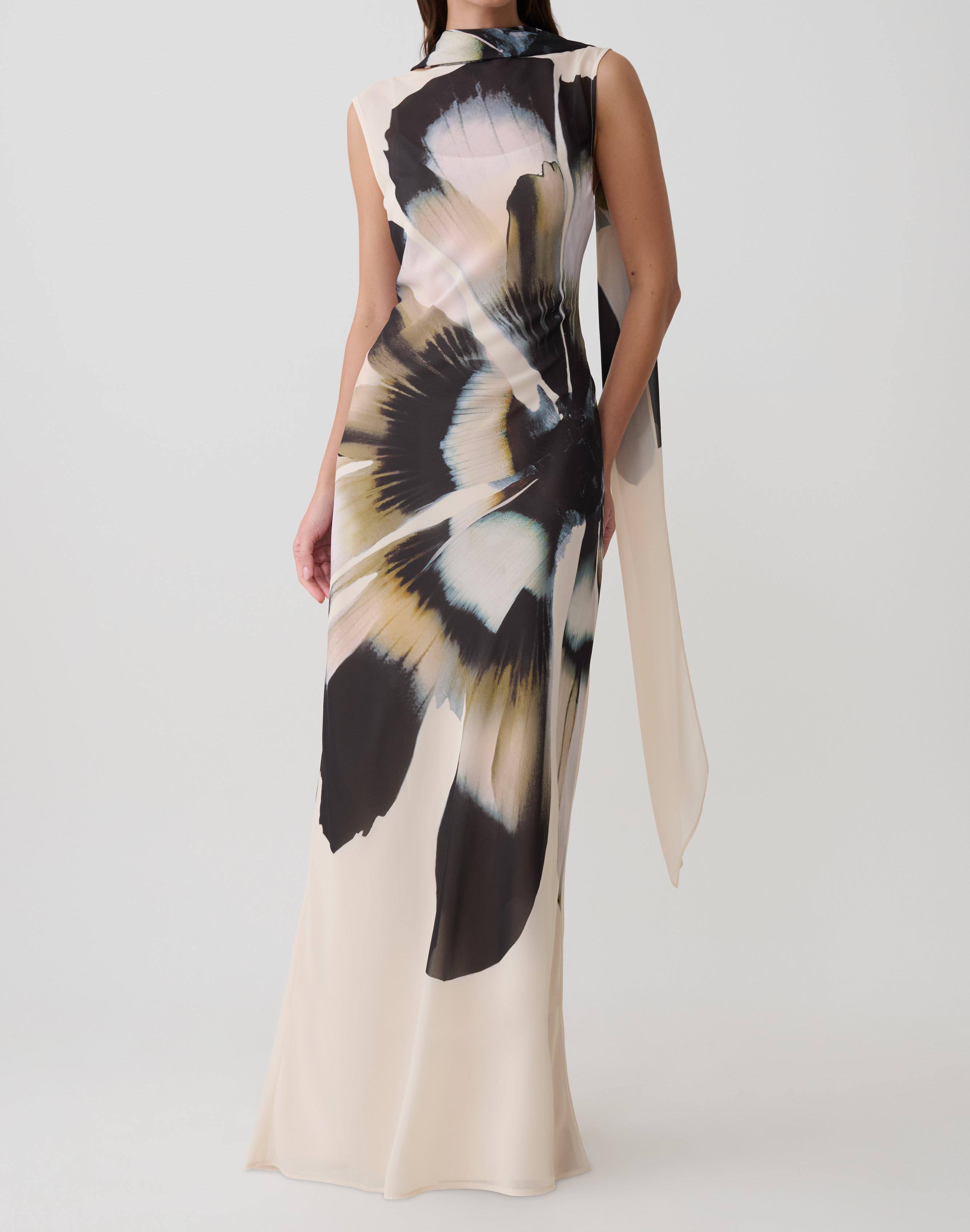 Factory Direct Ivory Abstract Floral Scarf-Neck Maxi Dress