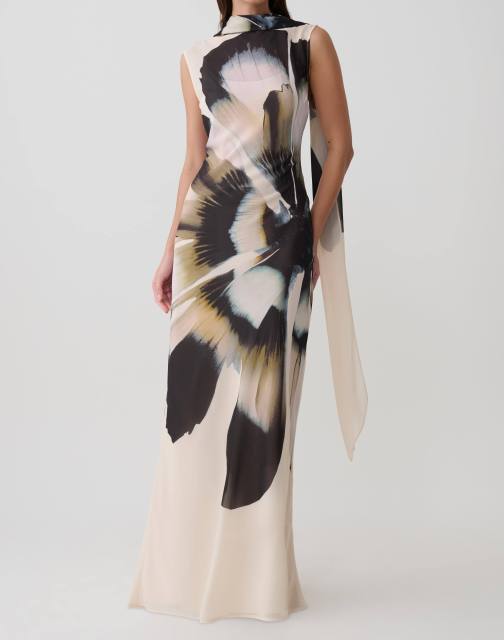Factory Direct Ivory Abstract Floral Scarf-Neck Maxi Dress
