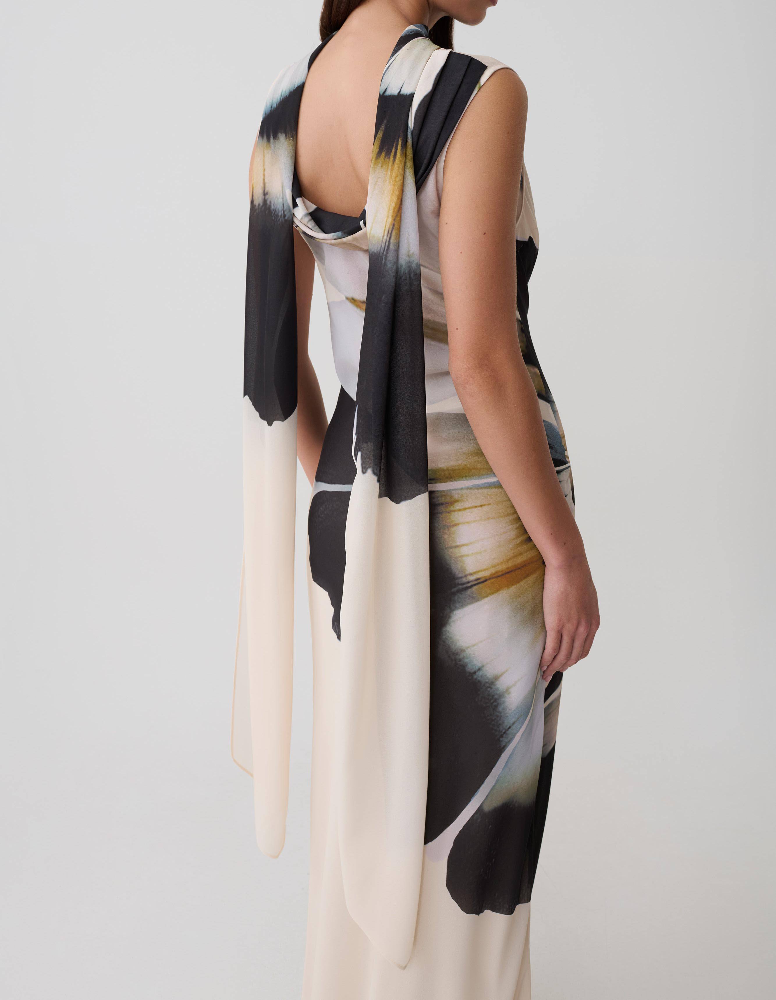 Factory Direct Ivory Abstract Floral Scarf-Neck Maxi Dress