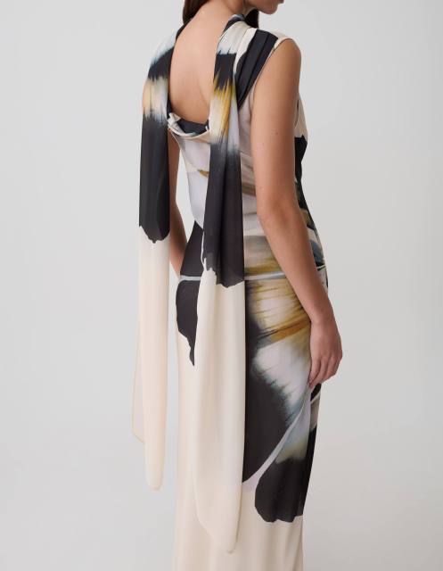 Factory Direct Ivory Abstract Floral Scarf-Neck Maxi Dress