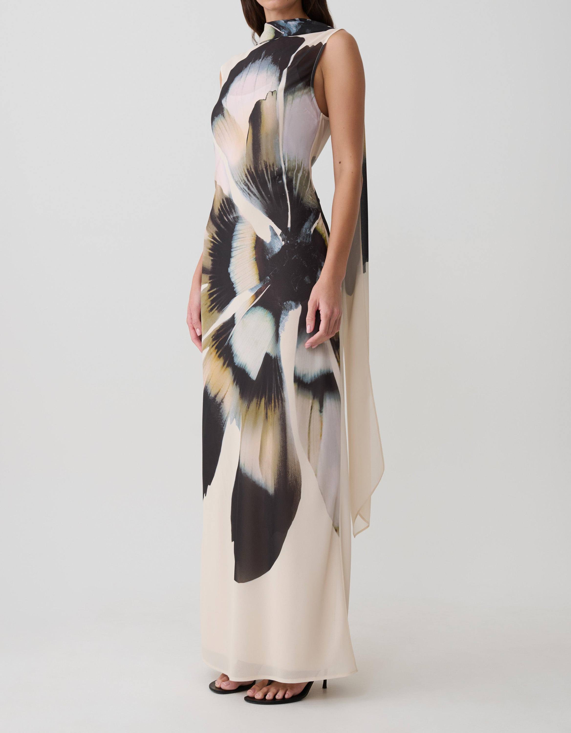 Factory Direct Ivory Abstract Floral Scarf-Neck Maxi Dress