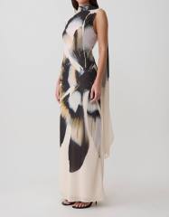 Factory Direct Ivory Abstract Floral Scarf-Neck Maxi Dress