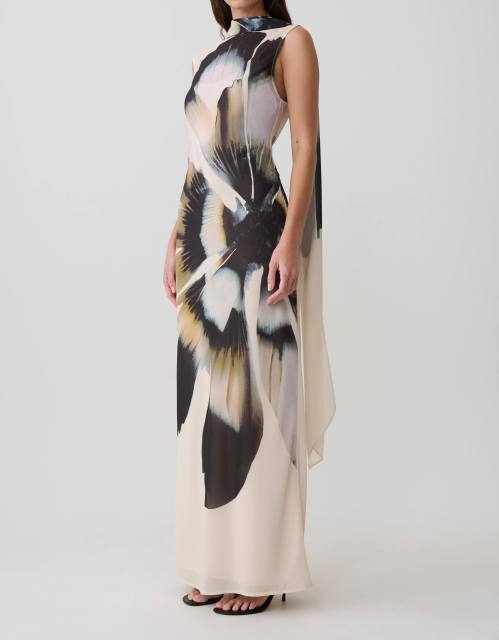 Factory Direct Ivory Abstract Floral Scarf-Neck Maxi Dress