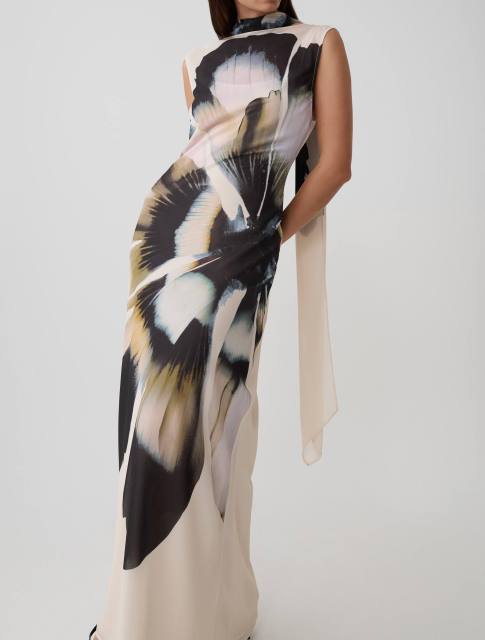 Factory Direct Ivory Abstract Floral Scarf-Neck Maxi Dress