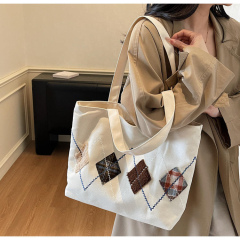 Factory Direct Vintage Argyle Embroidered Canvas Tote Bag – Patchwork Diamond Shoulder Handbag