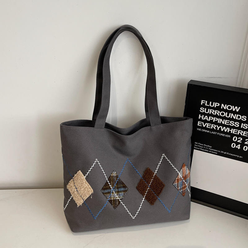 Factory Direct Vintage Argyle Embroidered Canvas Tote Bag – Patchwork Diamond Shoulder Handbag