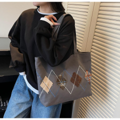 Factory Direct Vintage Argyle Embroidered Canvas Tote Bag – Patchwork Diamond Shoulder Handbag