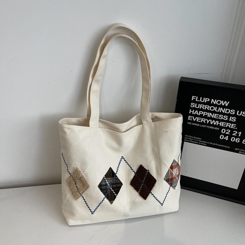 Factory Direct Vintage Argyle Embroidered Canvas Tote Bag – Patchwork Diamond Shoulder Handbag