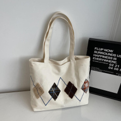 Factory Direct Vintage Argyle Embroidered Canvas Tote Bag – Patchwork Diamond Shoulder Handbag