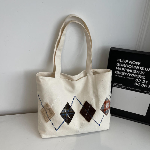 Factory Direct Vintage Argyle Embroidered Canvas Tote Bag – Patchwork Diamond Shoulder Handbag