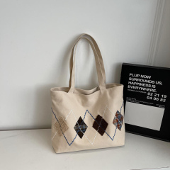 Factory Direct Vintage Argyle Embroidered Canvas Tote Bag – Patchwork Diamond Shoulder Handbag