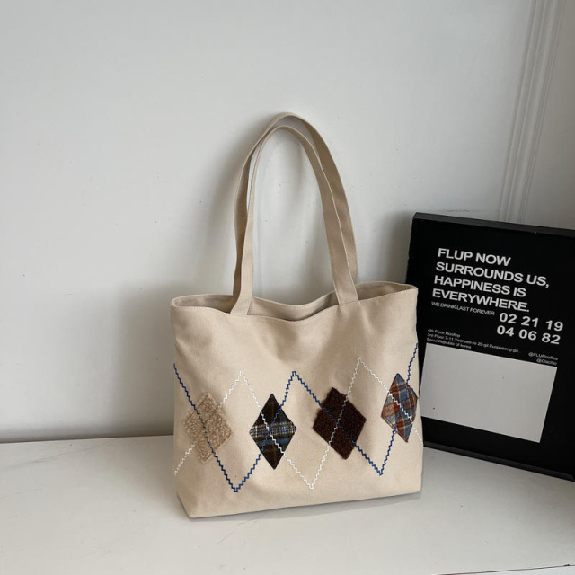 Factory Direct Vintage Argyle Embroidered Canvas Tote Bag – Patchwork Diamond Shoulder Handbag
