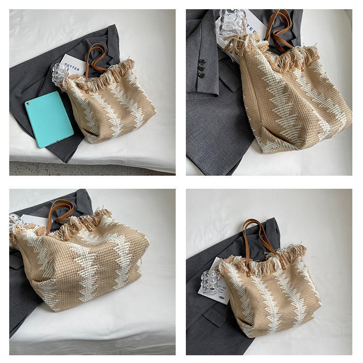 Made-to-order Boho Woven Fringe Tote Bag with Leather-Look Handles – Geometric Pattern Casual Shoulder Bag