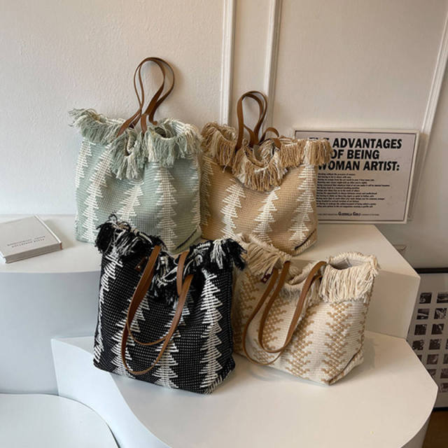 Made-to-order Boho Woven Fringe Tote Bag with Leather-Look Handles – Geometric Pattern Casual Shoulder Bag
