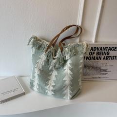 Made-to-order Boho Woven Fringe Tote Bag with Leather-Look Handles – Geometric Pattern Casual Shoulder Bag
