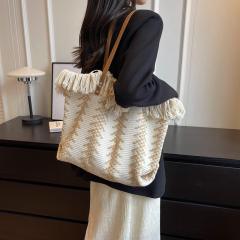 Made-to-order Boho Woven Fringe Tote Bag with Leather-Look Handles – Geometric Pattern Casual Shoulder Bag