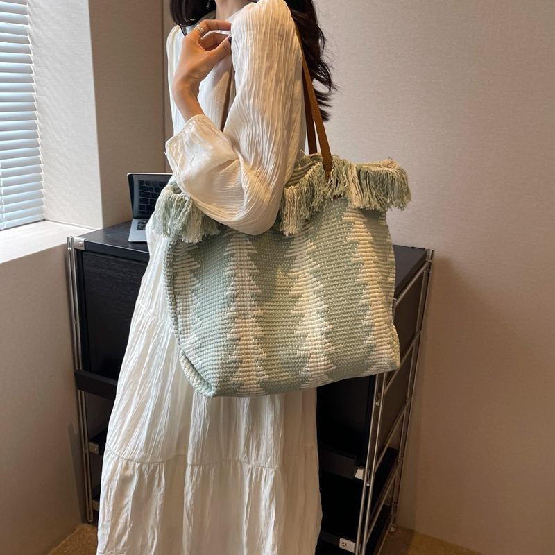 Made-to-order Boho Woven Fringe Tote Bag with Leather-Look Handles – Geometric Pattern Casual Shoulder Bag
