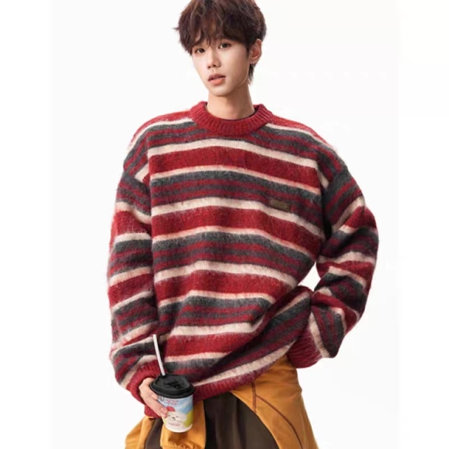 Vintage Burgundy Striped Oversized Crew Neck Sweater