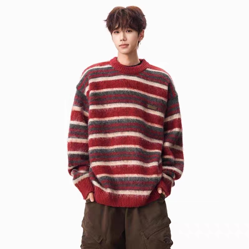 Vintage Burgundy Striped Oversized Crew Neck Sweater