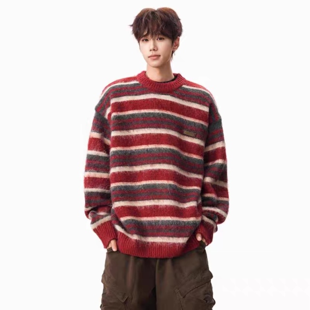 Vintage Burgundy Striped Oversized Crew Neck Sweater
