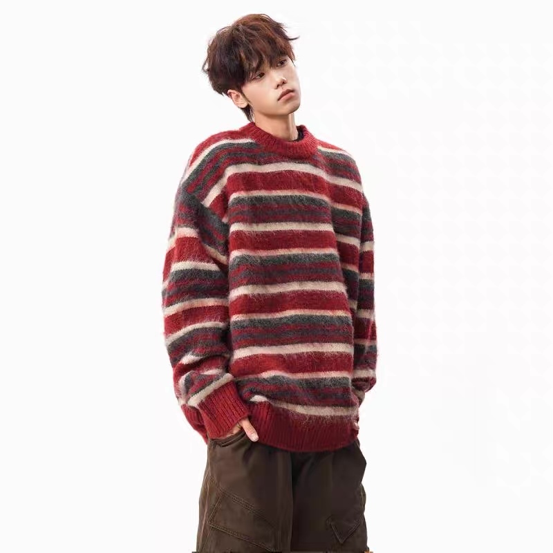 Vintage Burgundy Striped Oversized Crew Neck Sweater