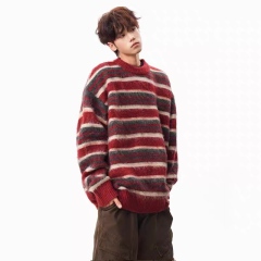 Vintage Burgundy Striped Oversized Crew Neck Sweater