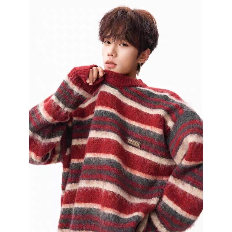 Vintage Burgundy Striped Oversized Crew Neck Sweater