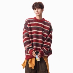 Vintage Burgundy Striped Oversized Crew Neck Sweater